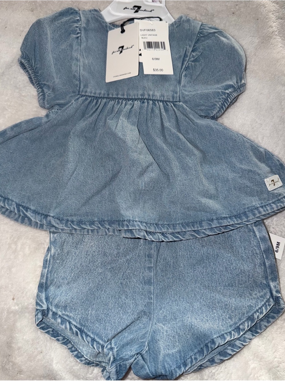 7 For All Mankind Light Blue Denim Baby Shorts Set 6/9 m NWT